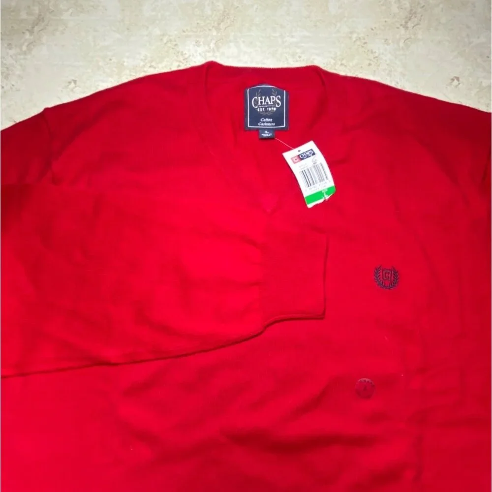 Chaps Mens‎ Red Cotton V-Neck Sweater With Embroidered Logo L